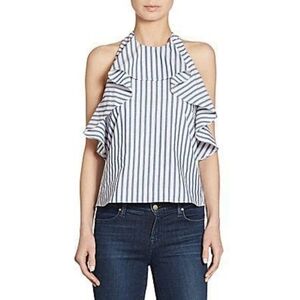 💠ALICE + OLIVIA Windy Ruffled Cotton Swing Halter Top Striped Backless